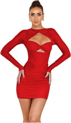 XLLAIS Sexy One Piece Mesh Sheer Long Sleeves Halter Spaghetti Bustier Bodycon Mini Dress in Saudi Arabia