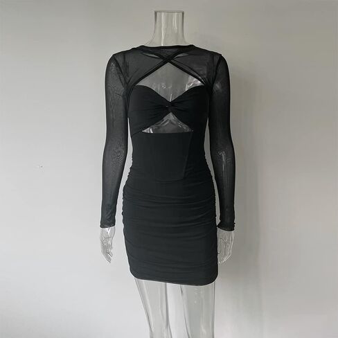 XLLAIS Sexy One Piece Mesh Sheer Long Sleeves Halter Spaghetti Bustier Bodycon Mini Dress in Saudi Arabia