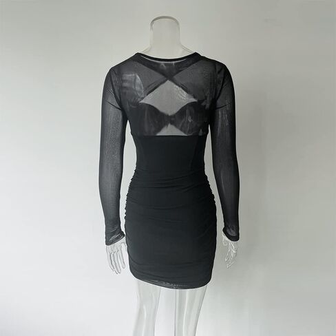XLLAIS Sexy One Piece Mesh Sheer Long Sleeves Halter Spaghetti Bustier Bodycon Mini Dress in Saudi Arabia