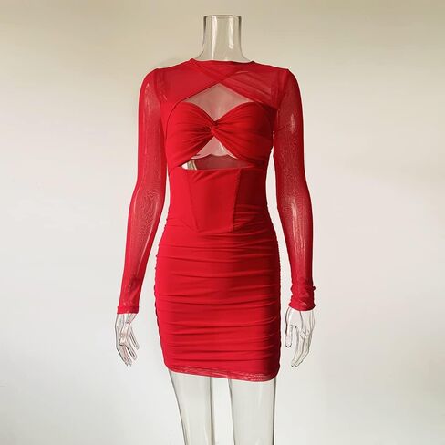XLLAIS Sexy One Piece Mesh Sheer Long Sleeves Halter Spaghetti Bustier Bodycon Mini Dress in Saudi Arabia