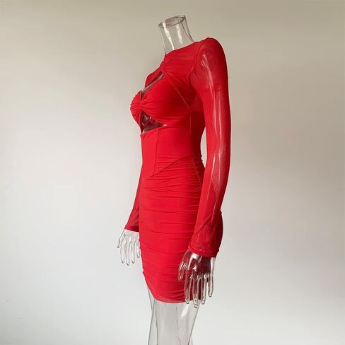 XLLAIS Sexy One Piece Mesh Sheer Long Sleeves Halter Spaghetti Bustier Bodycon Mini Dress in Saudi Arabia