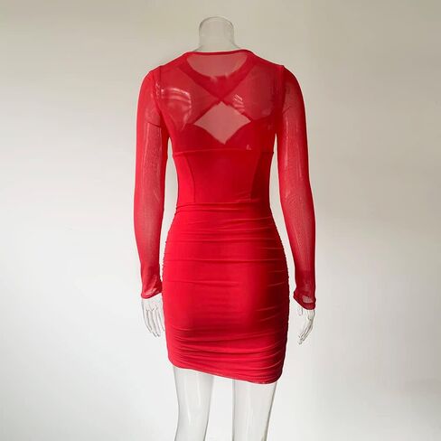 XLLAIS Sexy One Piece Mesh Sheer Long Sleeves Halter Spaghetti Bustier Bodycon Mini Dress in Saudi Arabia