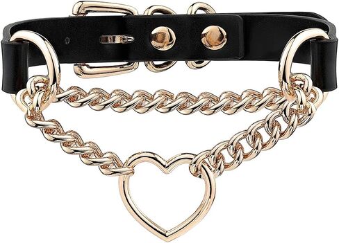 Black/Pink Leather Choker Necklace For Women,Handmade Adjustable Chain Collar with Metallic Heart Ring in Saudi Arabia