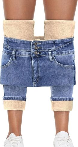 Fleece Lined Jeans Women Thermal Flannel Lined Jeans 3 Buttons Winter Warm Skinny Stretch Denim Pants in Saudi Arabia
