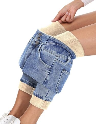 Fleece Lined Jeans Women Thermal Flannel Lined Jeans 3 Buttons Winter Warm Skinny Stretch Denim Pants in Saudi Arabia