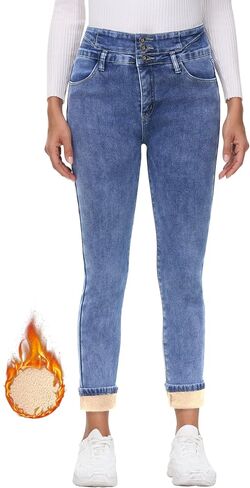 Fleece Lined Jeans Women Thermal Flannel Lined Jeans 3 Buttons Winter Warm Skinny Stretch Denim Pants in Saudi Arabia