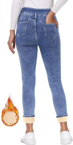 Fleece Lined Jeans Women Thermal Flannel Lined Jeans 3 Buttons Winter Warm Skinny Stretch Denim Pants in Saudi Arabia