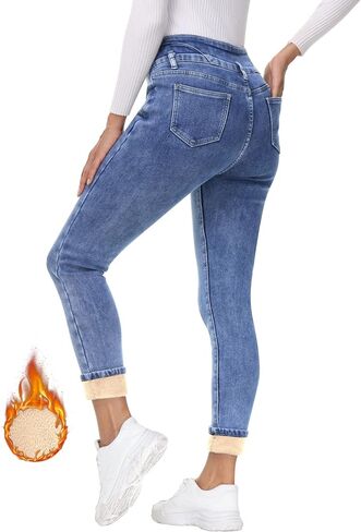 Fleece Lined Jeans Women Thermal Flannel Lined Jeans 3 Buttons Winter Warm Skinny Stretch Denim Pants in Saudi Arabia