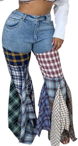 ThusFar Women High Waist Patchwork Flare Jeans Plaid Bell Bottom Ruffle Hem Denim Long Pants Trousers in Kuwait
