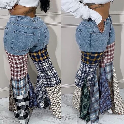 ThusFar Women High Waist Patchwork Flare Jeans Plaid Bell Bottom Ruffle Hem Denim Long Pants Trousers in Kuwait