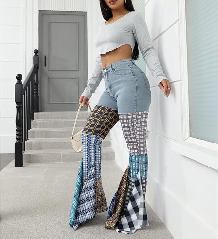 ThusFar Women High Waist Patchwork Flare Jeans Plaid Bell Bottom Ruffle Hem Denim Long Pants Trousers in Kuwait