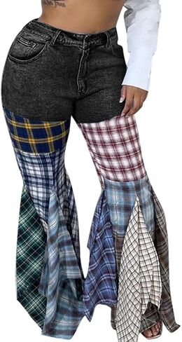 ThusFar Women High Waist Patchwork Flare Jeans Plaid Bell Bottom Ruffle Hem Denim Long Pants Trousers in Kuwait