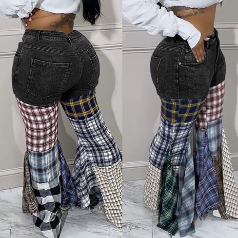 ThusFar Women High Waist Patchwork Flare Jeans Plaid Bell Bottom Ruffle Hem Denim Long Pants Trousers in Kuwait