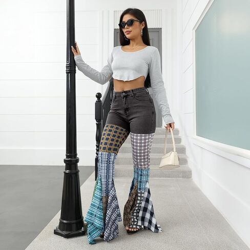 ThusFar Women High Waist Patchwork Flare Jeans Plaid Bell Bottom Ruffle Hem Denim Long Pants Trousers in Kuwait