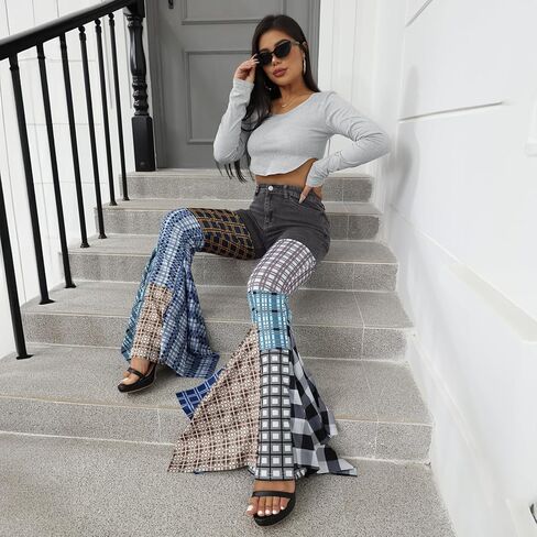 ThusFar Women High Waist Patchwork Flare Jeans Plaid Bell Bottom Ruffle Hem Denim Long Pants Trousers in Kuwait