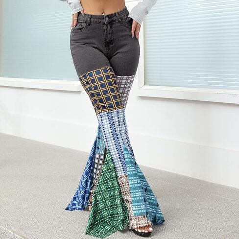 ThusFar Women High Waist Patchwork Flare Jeans Plaid Bell Bottom Ruffle Hem Denim Long Pants Trousers in Kuwait