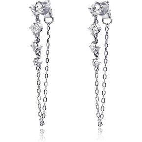 18K White Gold Chain Earrings for Women | Double Piercing Dangle Chain Stud Earrings | D Color VVS Moissanite Stud Ear Cuff Earrings for Women
