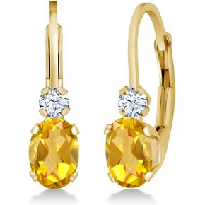 Gem Stone King 14K Yellow Gold Yellow Citrine and White Created Sapphire Leverback Earrings For Women | 0.88 Cttw | Gemstone November Birthstone | Oval 6X4MM, Round 2MM | 3/4 Inch