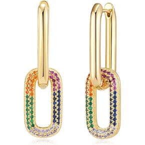 Paperclip Earrings for Women 14K Gold Plated Austrian Crystal Double Huggie Star Drop Dangle Earrings Hypoallergenic Sparkly Jewelry