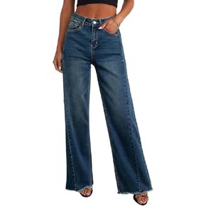 Sidefeel Women's Wide Leg Jeans High Waisted Strechy Raw Hem Denim Pants