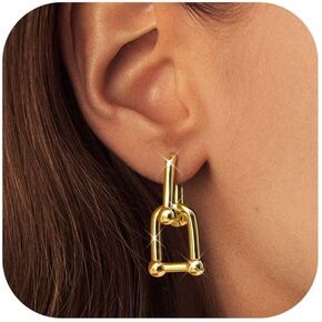 FIBO STEEL 18K Gold Plated Hoop Earrings for Women - 925 Sterling Silver Drop Dangle Paperclip Huggie Hoop Earrings - Hypoallergenic CZ Two Toned Convertible Chain Link Dangle Earrings Jewelry