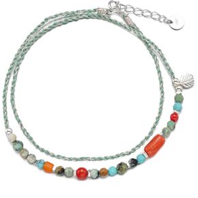 Handmade Gemstone Beaded Bracelet for Women Men with Layered Green Braided Cord, S925 sterling siver Leaf Charm, 6 Inches with 1 inch extender chain