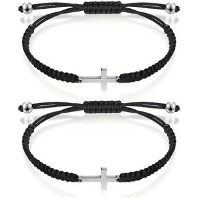2 Pcs Friendship Cross Bracelet Handmade Black String Rope Braided Bracelet Cross Charm Adjustable Matching Bracelets for Women Men Couple Family Kabbalah Strand Lucky BFF Bracelets Mommy and Me Bracelets