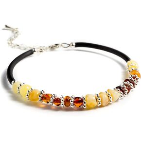 Baltic Amber Stones Bracelet with Rubber Cord, Handmade Gemstone Jewelry for Woman, wrist size 6.3" -7.5" (SIMPLE- METAL CLASP)