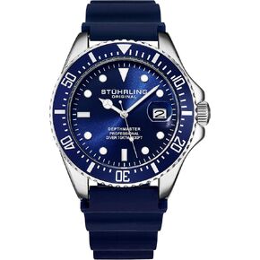 Stuhrling Original Men's Watch Dive Watch Silver 42 MM Case with Screw Down Crown Rubber Strap Water Resistant to 330 FT