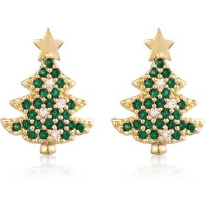 SELOVO Green Christmas Tree Shape Women Earrings Stud Green CZ Zircon Earrings Gold Tone