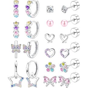 BESTEEL Hypoallergenic Silver Stud Hoop Earrings for Girls Women Surgical Steel Flatback Earrings Cute Kids Earring Pink Colorful CZ Earrings Set Toddler Earring for Sensitive Ears Age over 4 years old