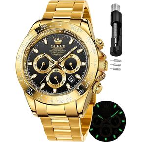OLEVS Gold Watches for Men Automatic Self Winding Luxury Waterproof Watch Calendar Stainless Steel Business Luminous Men's Wrist Watch