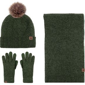 3pcs Winter Warm Set Knitted Wool Blend Beanies Pompom Hat Long Scarf Touchscreen Gloves Windproof