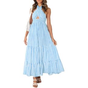 ZESICA Women's Summer Crossover Halter Neck Sleeveless Plaid Cut Out Backless Flowy A Line Maxi Dress