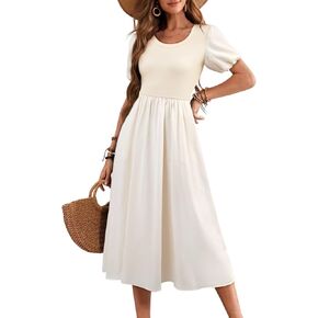 AlvaQ Women Dress Summer Crewneck Puff Sleeve Midi Dresses High Waist Ruffle A Line Flowy Beach Sundress with Pocket