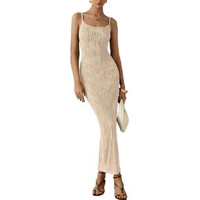 MASCOMODA Women 2025 Summer Sexy Bodycon Maxi Dress Spaghetti Strap Knit Fitted Tight Sleeveless Party Slip Long Dresses