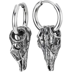 Bird Skull Hoop Earrings, Mens Steel Huggie Earrings, Gothic Baphomet, Edgy Statement Jewelry