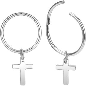 LovePiercing Cross Dangle Hoop Earrings Surgical Titanium Small Huggie Earrings Moverable Cross Drop Hypoallergenic Silver Earring| Classic Lightweight Cartilage Ear Clicker Earring for Women Men Girls