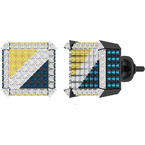 Dazzlingrock Collection 0.90 Carat (ctw) Round White, Blue & Yellow Diamond Mens Dice Shape Hip Hop Stud Earrings, 925 Sterling Silver