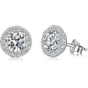Jiamiaoi 18K White Gold Plated 3.5 Carats Round Halo Earrings 925 Sterling Silver Solitaire Stud Earrings for Women, Sparkle 5A+ Cubic Zirconia Earrings Studs CZ Diamond Stud Earrings Jewelry for Women