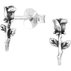 Oxidized 925 Sterling Silver Rose Flower Stud Earrings, Sold as a Pair