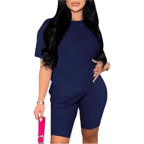 OYOANGLE Women's 2 Piece Outfits Crew Neck Short Sleeve T Shirts and Biker Shorts Sets Tracksuits