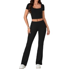 LYANER Women's 2 Piece Lounge Outfits Short Sleeve Crop Tops Flare Leggings Tracksuit Sets