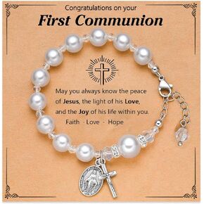First Communion Gifts for Women Cross Pearl Rosary Bracelets 1st Holy Catholic Baptism Gifts Bracelet for Granddaughter Daughter Niece with Message Card