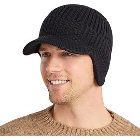 Men Warm Baseball Beanie Hat with Earflap Winter Visor Brim Knitted Caps Thicken Plush Lined Skull Ski Hat