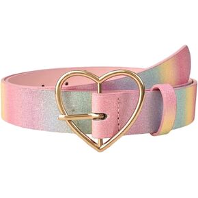 Girls Glitter Rainbow Belt PU Leather Waist Belt Adjustable Casual Jeans Belt with Metal Buckle for Women