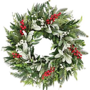 24" Realistic Christmas Wreath with Red Berries, Winter Eucalyptus Artificial Faux Evergreen Wreath Greenery Decoration for Front Door Window Home Wall Farmhouse Holiday Outdoor Indoor Décor