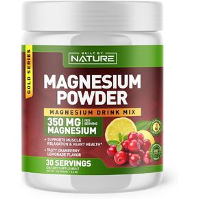 Built by Nature Magnesium Powder - Anti-Stress Drink Mix for Calm & Regularity - Magnesium Citrate Supplement - Relaxation, Muscle & Heart Support - Cranberry Lemonade Flavor - 30 Servings