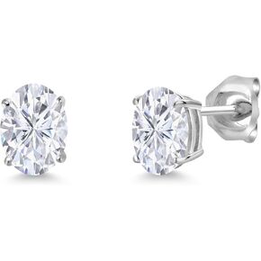 Gem Stone King 14K White Gold White Zirconia Double Notch Stud Earrings For Women Men | 3.00 Cttw | Gemstone Birthstone | Oval 7X5MM | Gold Earrings For Women Men