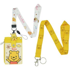 Winnie Cute Badge Card Holder with Lanyard, Pooh ID Credit Card Holder Purse Pouch with Lanyard Card Case Neck Pouch Wallet, Durable Card Holder with Snaps for Students Teens